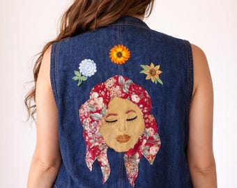 Chaleco vaquero vintage reciclado con estampado floral bohemio chic, talla M y L