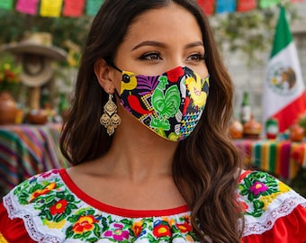 Mexican Party Fiesta Rooster Sombrero Handmade Reversible Unisex Face Mask