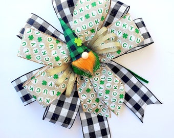 St. Patrick's Day Irish Gnome Green Lucky Shamrock Wired Ribbon Bow Attachment