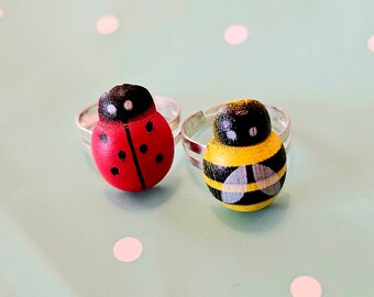 Wooden Red Ladybug and Yellow Bumblebee Ring Set - Adjustable