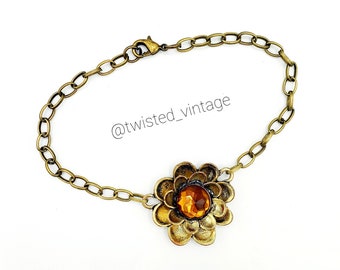 Bohemian Gypsy Amber Flower Anklet Bracelet, Boho Chic, Antique Brass Metal Finish Jewelry Ooak