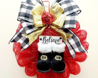 Believe Santa Claus Boots Handmade Small Christmas Wreath Buffalo Plaid Bell Bow
