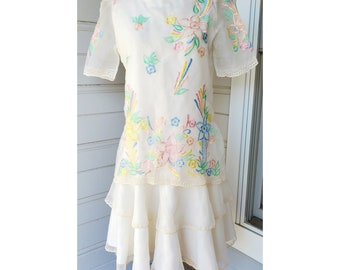 Vintage Embroidered Pastel Rainbow Floral Tiered Dress M, Off White, Birthday Cake, Easter, Lolita, Tea Party, Puffy Sleeves