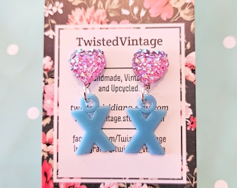 Blue Letter X Monogram Pink Sparkly Heart 90s Earrings