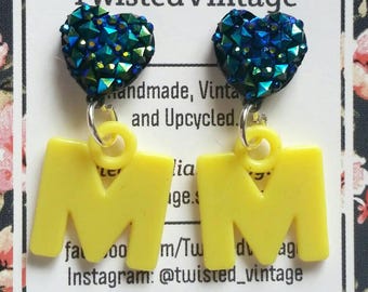 Yellow Letter M Monogram Sparkly Blue Heart 90s Style Earrings