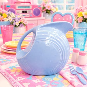 Jarra de cerámica vintage FIESTAWARE estilo art déco con forma de disco grande en azul bígaro