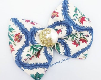 Victorian Wallpaper Fabric Hair Bow Clip, Vintage Americana, Red White and Blue, 4th of July, Handmade USA