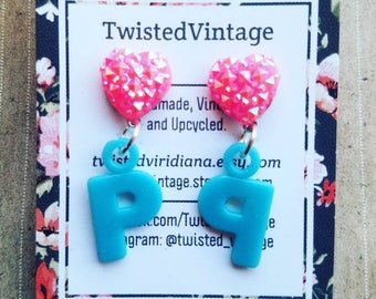 Blue Letter P Monogram Sparkly Pink Heart 90s Earrings