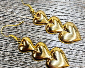 Vintage Golden Triple Heart Earrings Valentine's Day Love