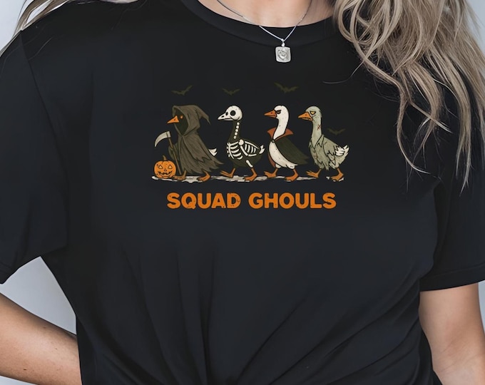 Vintage Squad Ghouls Goose T‑Shirt | Comfort Colors Halloween Graphic Tee | Retro Ghost Witch Skeleton Shirt | Spooky Season Fall Top