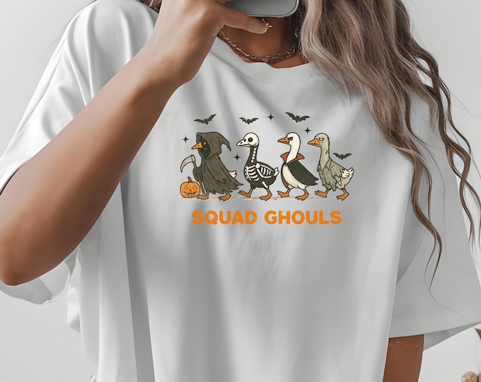 Vintage Squad Ghouls Goose T‑Shirt | Comfort Colors Halloween Graphic Tee | Retro Ghost Witch Skeleton Shirt | Spooky Season Fall Top