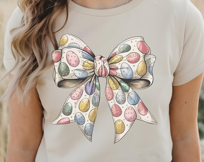 Coquette Easter Egg Bow T-Shirt | Cute Spring Bunny Shirt | Aesthetic Cottagecore Tee | Vintage Easter Holiday Graphic Tee