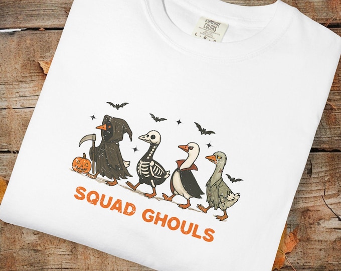 Vintage Squad Ghouls Goose T‑Shirt | Comfort Colors Halloween Graphic Tee | Retro Ghost Witch Skeleton Shirt | Spooky Season Fall Top