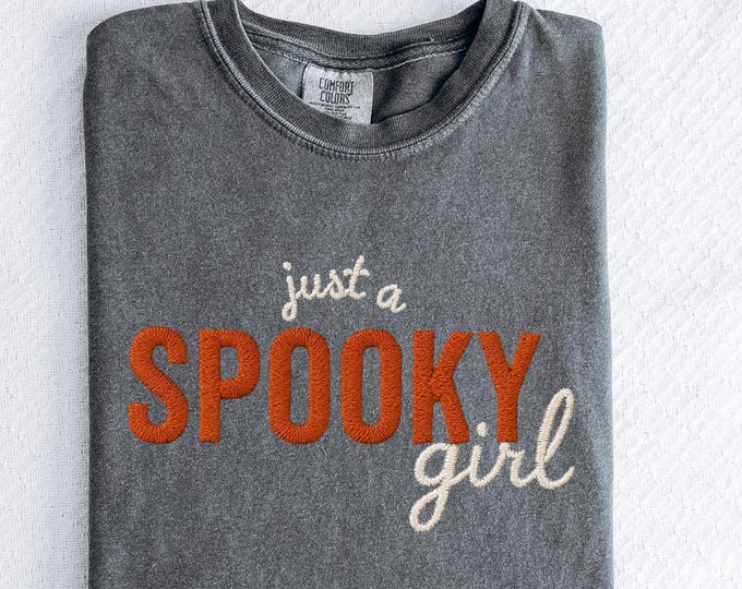 Spooky Girl Embroidered T‑Shirt | Comfort Colors Halloween Tee | Cute Fall Shirt for Women | Witchy Ghost Aesthetic | Cozy Gothic Shirt