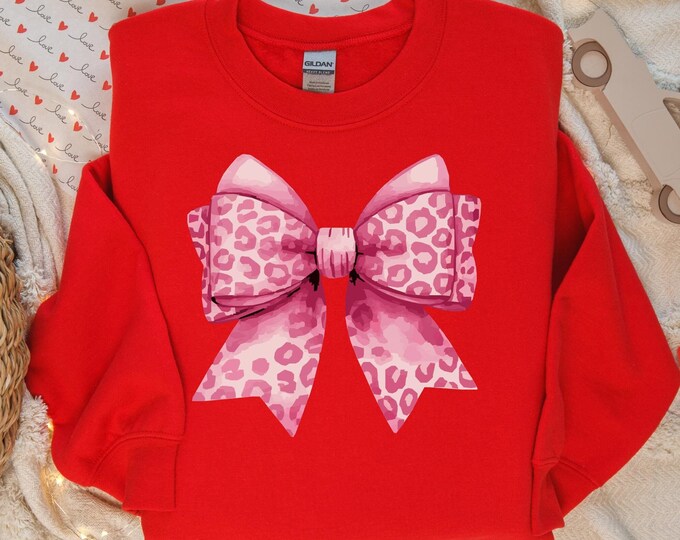 Valentine's Day Leopard Bow Sweatshirt | Cute Heart Graphic Sweater | Women's Valentine Outfit | Cozy Love-Themed Crewneck | Holiday Apparel