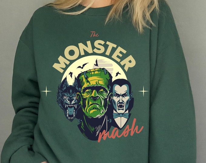 The Monster Mash Retro Spooky Season Sweatshirt| Vintage Monster Graphic Tee| Frankenstein Dracula Werewolf Shirt| Halloween Crewneck Trendy