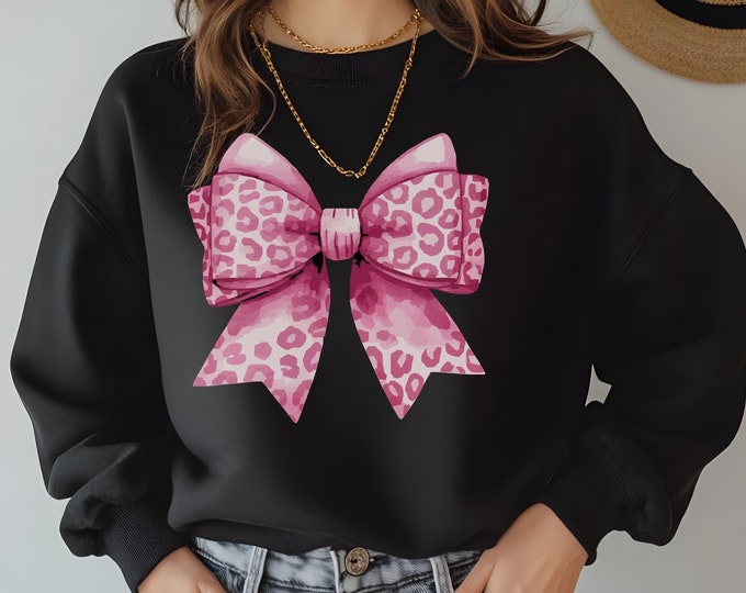 Valentine's Day Leopard Bow Sweatshirt | Cute Heart Graphic Sweater | Women's Valentine Outfit | Cozy Love-Themed Crewneck | Holiday Apparel