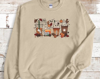 Cute Spooky Season Shirt Ghost Coffee Sweatshirt for Coffee Lovers Fall Halloween Hoodie for Women Halloween Party Graphic T Shirt