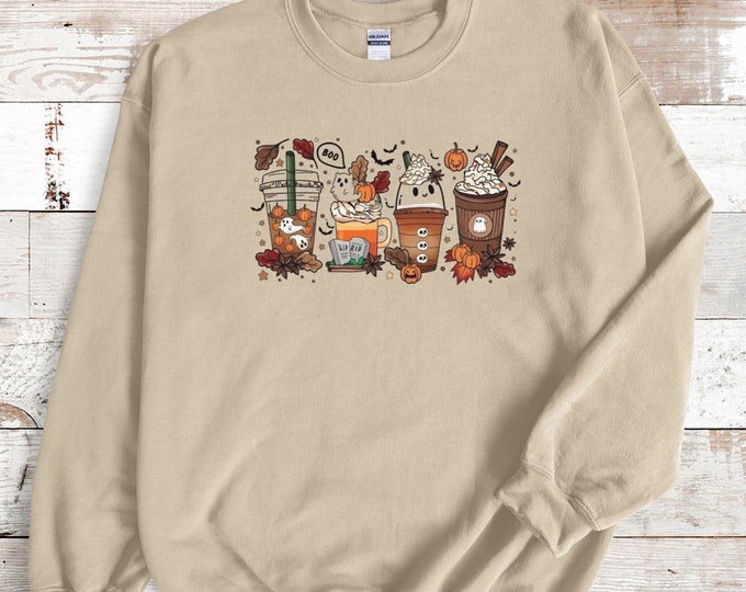 Cute Spooky Season Shirt Ghost Coffee Sweatshirt for Coffee Lovers Fall Halloween Hoodie for Women Halloween Party Graphic T Shirt