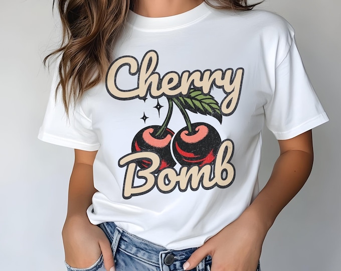 Cherry Bomb Vintage T-Shirt | Retro Graphic Tee for Women | 70s Inspired Shirt | Cherry Aesthetic T-Shirt | Cute Vintage Summer Tee