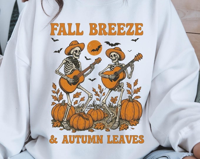 Boho Fall Sweatshirt | Retro Fall Vibes Sweater | Autumn Aesthetic Crewneck for Women | Cozy Pumpkin Floral Pullover | Rustic Skeleton Shirt