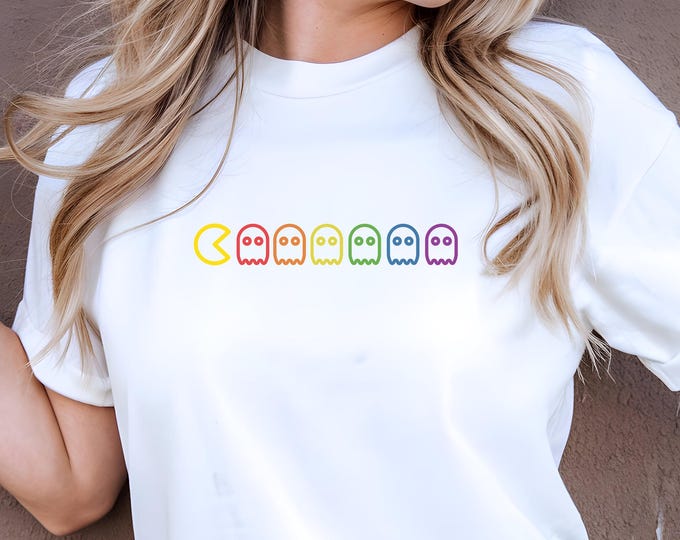 Retro Arcade Ghost Pride Shirt | Subtle LGBTQ+ Gamer T-Shirt | Vintage Rainbow Ghost Tee | 80s Style Gay Pride Shirt | Queer Gaming Tee