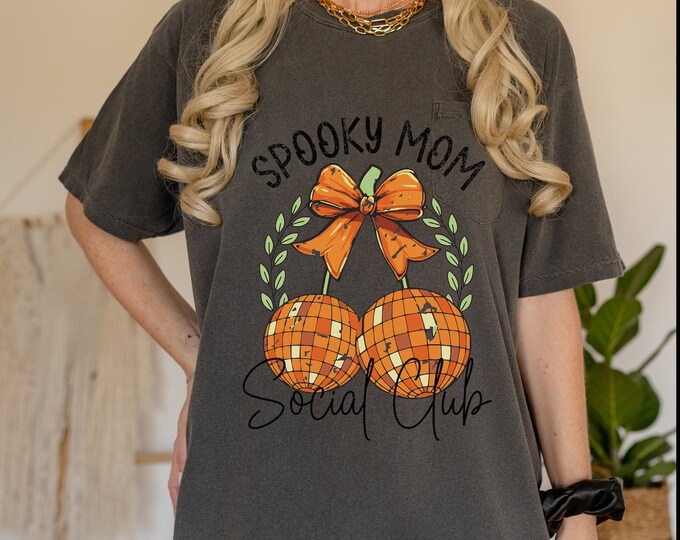 Spooky Mama Disco Ball Shirt Halloween Comfort Colors T Shirt Retro Halloween Coquette Bow ShirtsTee