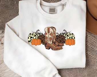 Western Thanksgiving Sweater Cowboy Boots Pumpkin Patch Shirt Western Halloween Sweatshirt for Thanksgiving Sweaters