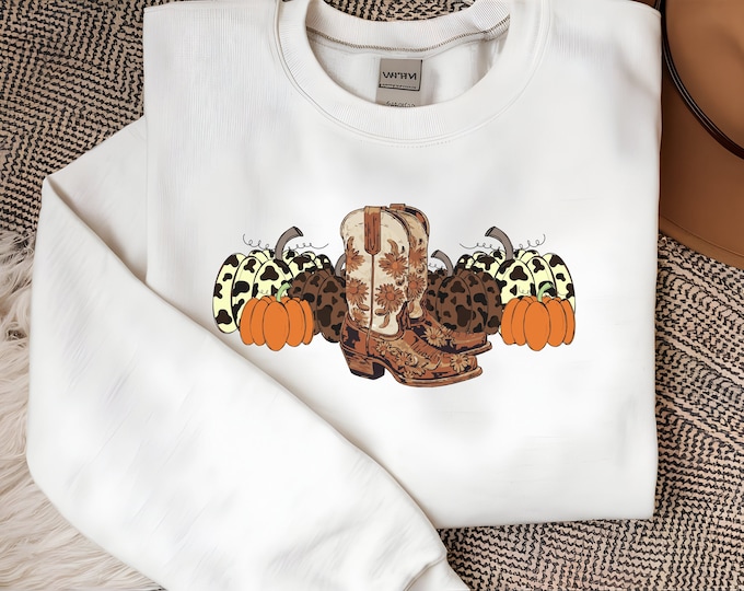 Western Thanksgiving Sweater Cowboy Boots Pumpkin Patch Shirt Western Halloween Sweatshirt for Thanksgiving Sweaters