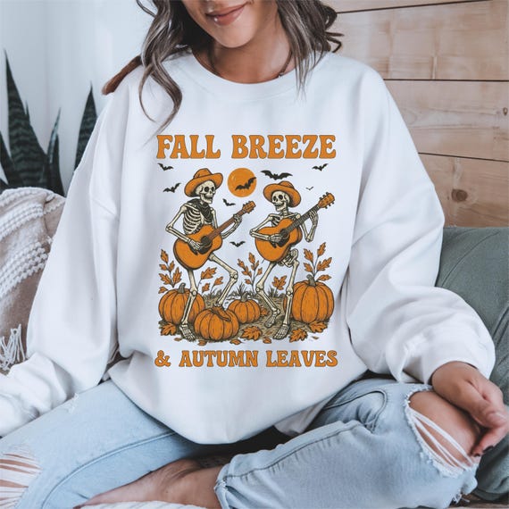 Boho Fall Sweatshirt | Retro Fall Vibes Sweater | Autumn Aesthetic Crewneck for Women | Cozy Pumpkin Floral Pullover | Rustic Skeleton Shirt