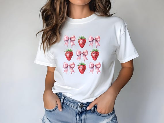 Cottagecore Coquette Strawberry and Bow Graphic T-Shirt | Cute Vintage Fruit Graphic Tee | Kawaii Pastel Aesthetic Summer Shirt