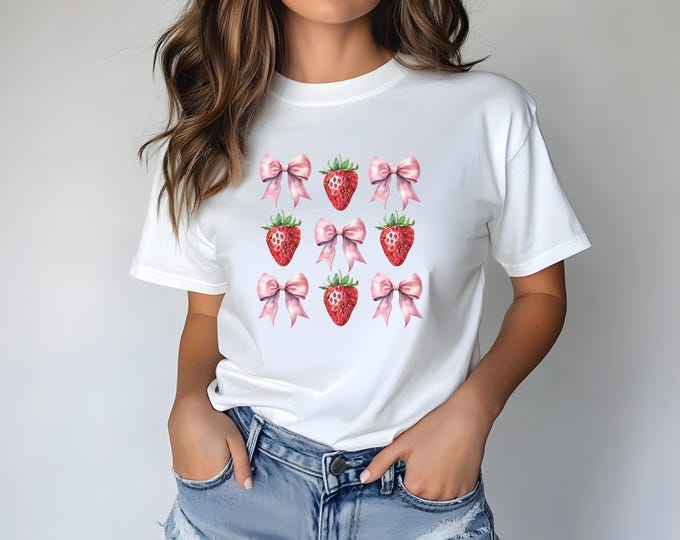 Cottagecore Coquette Strawberry and Bow Graphic T-Shirt | Cute Vintage Fruit Graphic Tee | Kawaii Pastel Aesthetic Summer Shirt