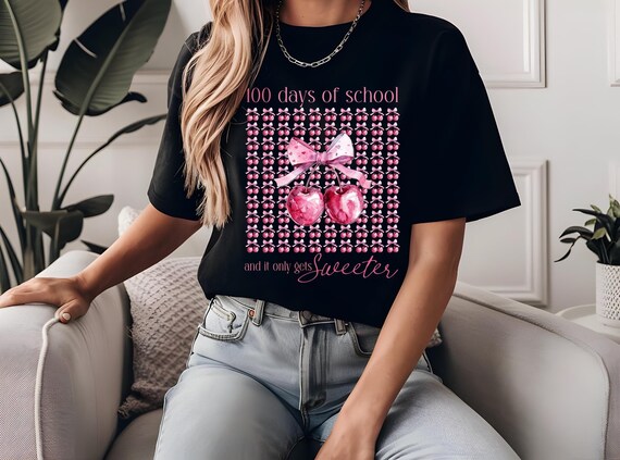 100 Days of School Cherry Coquette T-Shirt | Cute Teacher 100th Day Shirt | Vintage School Milestone Tee | Trendy Teacher Outfit