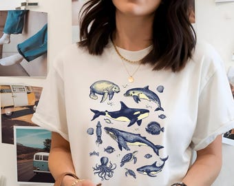 Meeresschildkröte Delfin Wal Retro T-Shirt | Vintage Marine Life Graphic Tee | 90er Jahre Ocean Nature T-Shirt | Strand-Liebhaber-Geschenk | Unisex Wildtiere TShirt