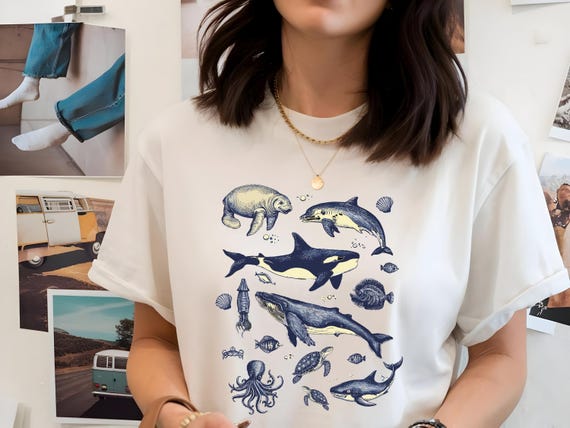 Sea Turtle Dolphin Whale Retro T-Shirt| Vintage Marine Life Graphic Tee | 90s Ocean Nature Shirt | Beach Lover Gift | Unisex Wildlife TShirt