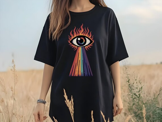 Festival Boho Graphic Shirt | Rainbow Eye Graphic T-Shirt | Goblincore Dark Aesthetic Mystical Tee | Unisex Trippy All-Seeing Eye Shirt |