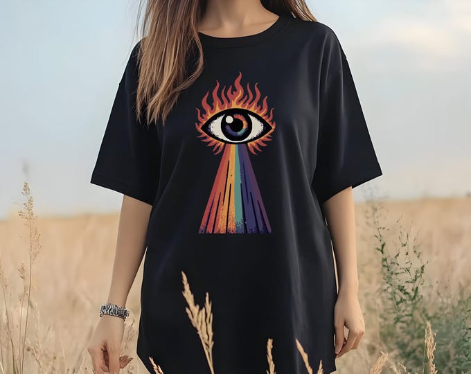 Festival Boho Graphic Shirt | Rainbow Eye Graphic T-Shirt | Goblincore Dark Aesthetic Mystical Tee | Unisex Trippy All-Seeing Eye Shirt |
