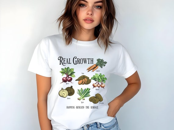 Inspirational Carrot Beet Radish Garden Tee | Plant Lover Gift | Real Growth Happens Beneath the Surface T-Shirt | Cute Garden Graphic Tee