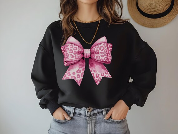 Valentine's Day Leopard Bow Sweatshirt | Cute Heart Graphic Sweater | Women's Valentine Outfit | Cozy Love-Themed Crewneck | Holiday Apparel