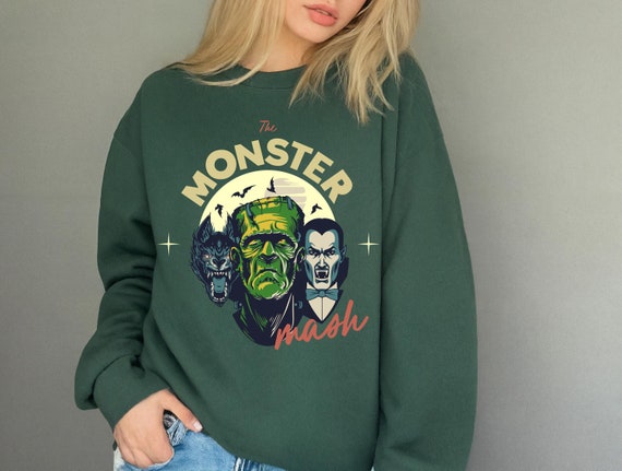The Monster Mash Retro Spooky Season Sweatshirt| Vintage Monster Graphic Tee| Frankenstein Dracula Werewolf Shirt| Halloween Crewneck Trendy
