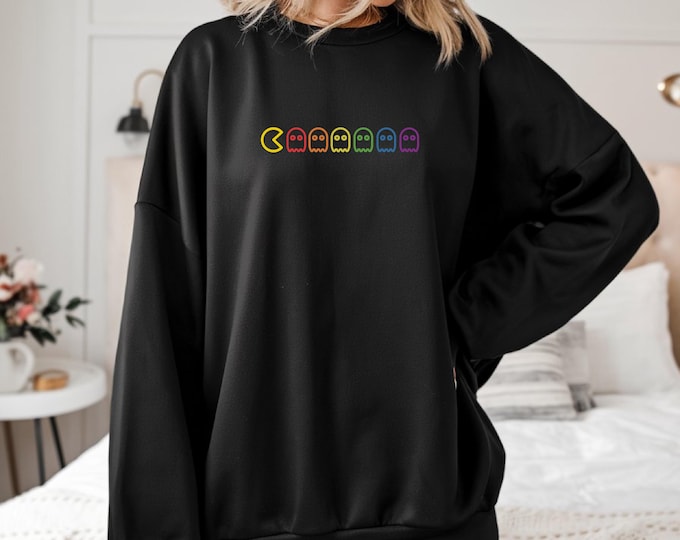 Retro Arcade Ghost Pride Shirt | Subtle LGBTQ+ Gamer T-Shirt | Vintage Rainbow Ghost Tee | 80s Style Gay Pride Shirt | Queer Gaming Tee