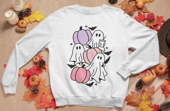 Cute Ghost Spooky Season Pumpkin Sweatshirt, Women's Spooky Coffee Sweatshirt, Pastel Pumpkin Shirt, Fall Graphic T Shirt