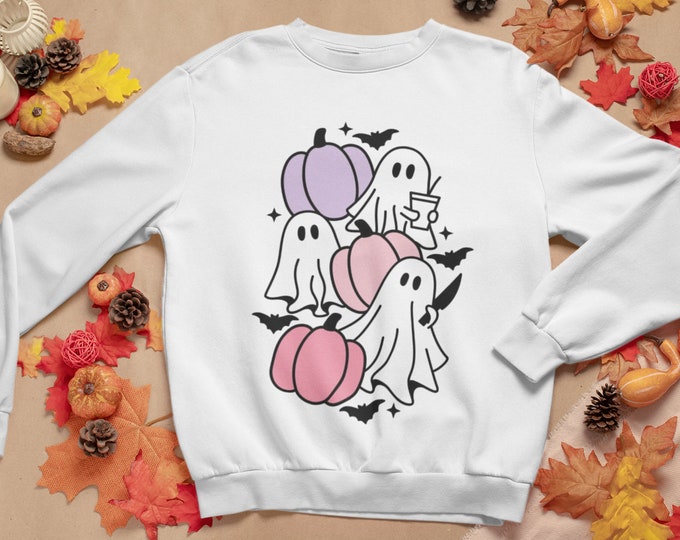Cute Ghost Spooky Season Pumpkin Sweatshirt, Women's Spooky Coffee Sweatshirt, Pastel Pumpkin Shirt, Fall Graphic T Shirt
