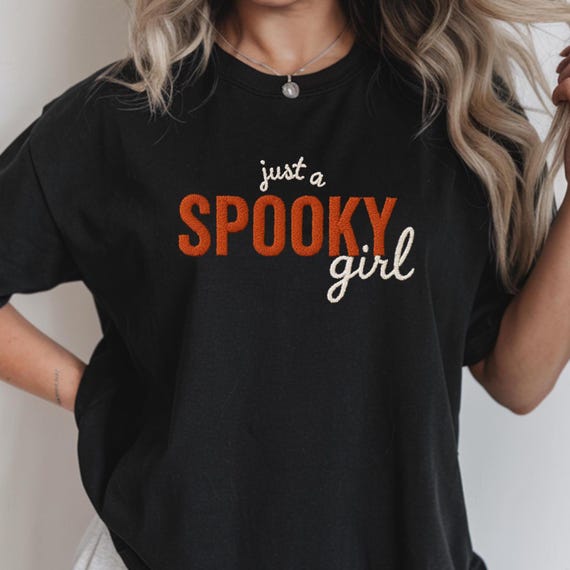 Spooky Girl Embroidered T‑Shirt | Comfort Colors Halloween Tee | Cute Fall Shirt for Women | Witchy Ghost Aesthetic | Cozy Gothic Shirt
