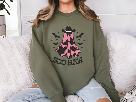 Western Spooky Sweatshirt Pink and Black Western Halloween Sweatshirt Cowboy Ghost Halloween Party Tees