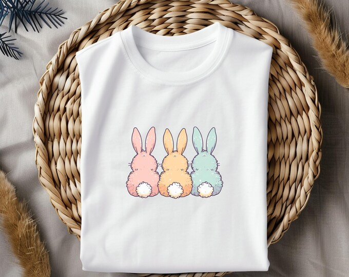 Pastel Bunny Trio Graphic T-Shirt | Cute Easter Shirt for Women, Kids & Family | Bunny Spring Graphic Tee for Matching Outfits