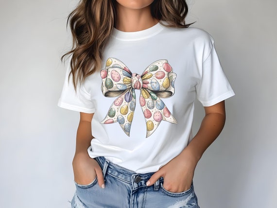 Coquette Easter Egg Bow T-Shirt | Cute Spring Bunny Shirt | Aesthetic Cottagecore Tee | Vintage Easter Holiday Graphic Tee