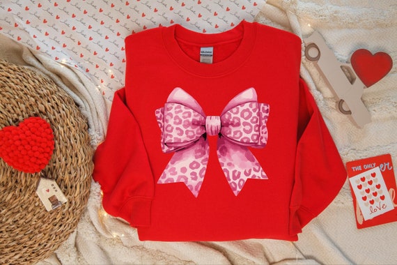 Valentine's Day Leopard Bow Sweatshirt | Cute Heart Graphic Sweater | Women's Valentine Outfit | Cozy Love-Themed Crewneck | Holiday Apparel