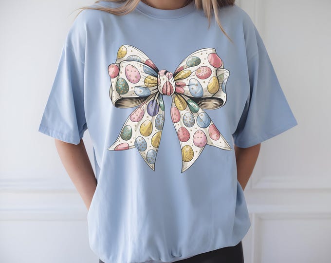 Coquette Easter Egg Bow T-Shirt | Cute Spring Bunny Shirt | Aesthetic Cottagecore Tee | Vintage Easter Holiday Graphic Tee