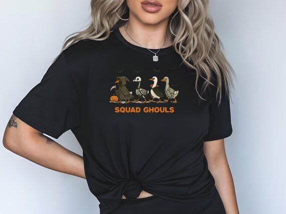 Vintage Squad Ghouls Goose T‑Shirt | Comfort Colors Halloween Graphic Tee | Retro Ghost Witch Skeleton Shirt | Spooky Season Fall Top